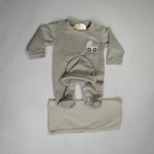 Velvet Textured Baby Romper With Cap and Blanket Combo